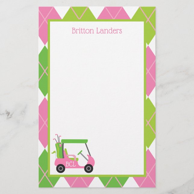 Pink & Green Golf Personalised Stationery (Front)