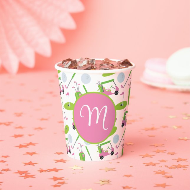 Pink & Green Golf Personalized Monogrammed Paper Cups (Insitu)