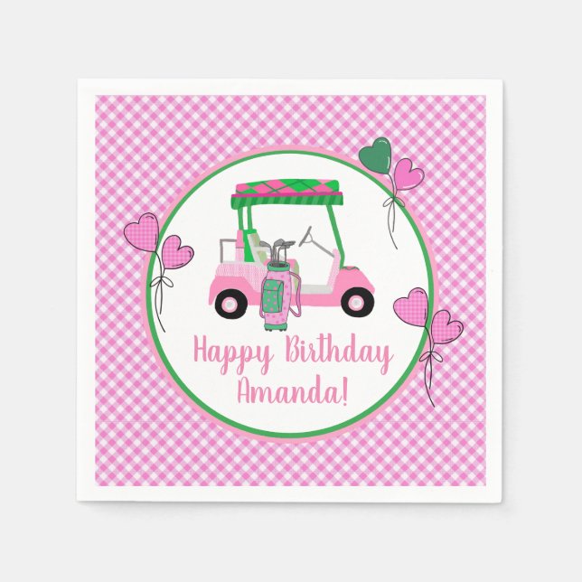Pink & Green Golf Theme Personalised Party  Napkin (Front)