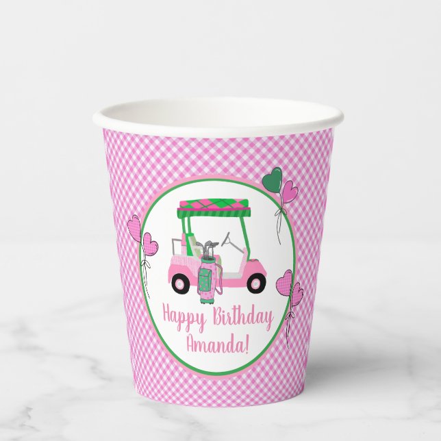 Pink & Green Golf Theme Personalised Party  Paper Cups (Front)