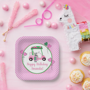 Pink & Green Golf Theme Personalised Party  Paper Plate