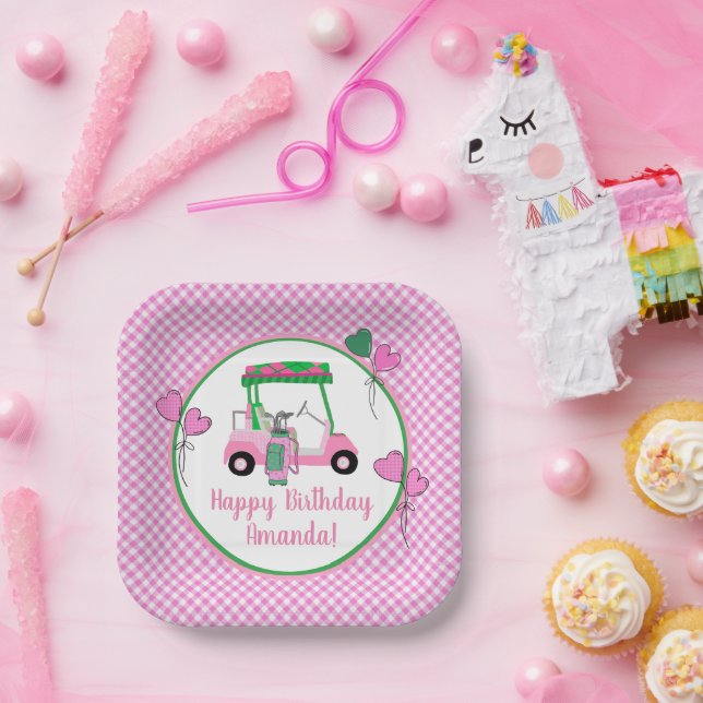 Pink & Green Golf Theme Personalised Party  Paper Plate (Party)