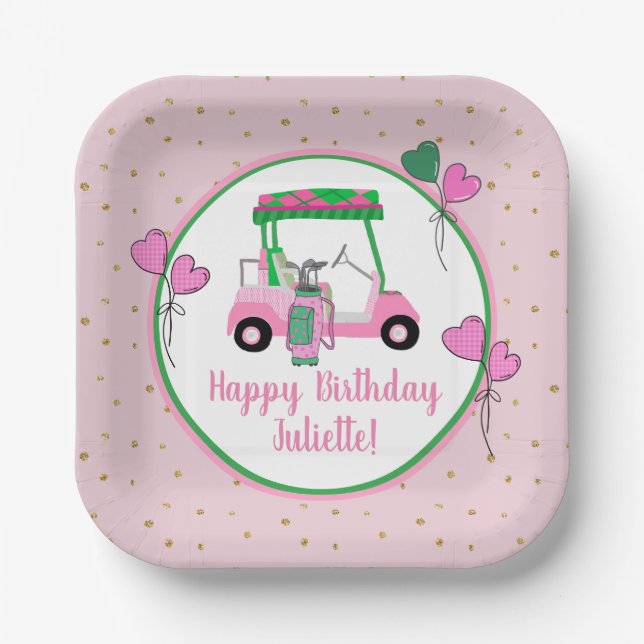 Pink & Green Golf Theme Personalised Party  Paper Plate (Front)