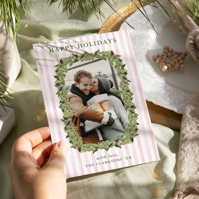 Pink & Green Grandmillennial Wreath Holiday Card (Creator Uploaded)