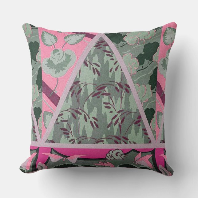 PINK GREEN GREY FLOWERS, BUTTERFLIES BOLD FLORAL CUSHION (Front)