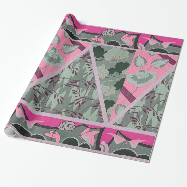 PINK GREEN GREY FLOWERS, BUTTERFLIES BOLD FLORAL WRAPPING PAPER (Unrolled)