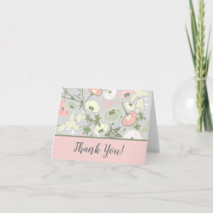 Pink Green Grey Tossed Flowers Pattern Thank You Card