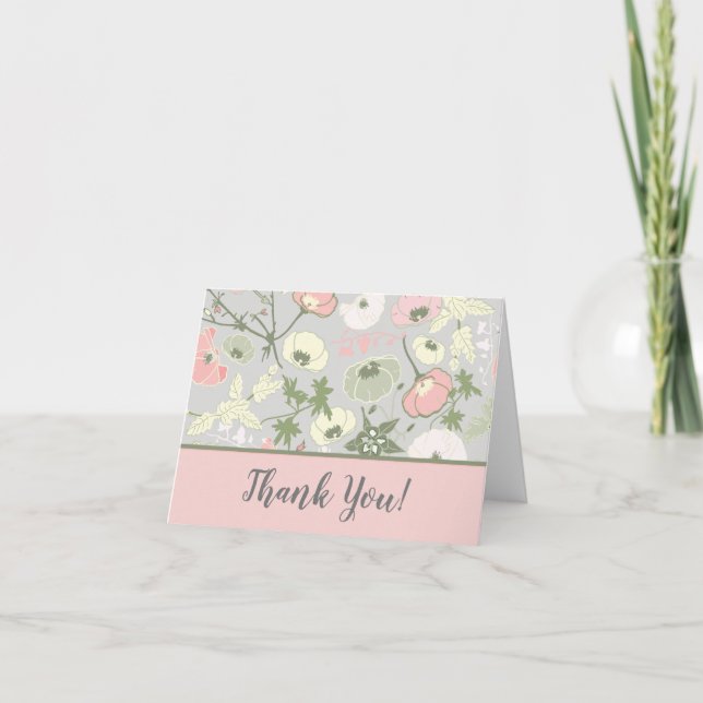 Pink Green Grey Tossed Flowers Pattern Thank You Card (Front)