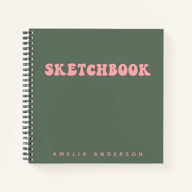 Pink Green Groovy Sketchbook Personalised Name Notebook (Front)