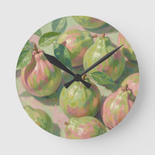 Pink Green Guava Still Life Round Clock