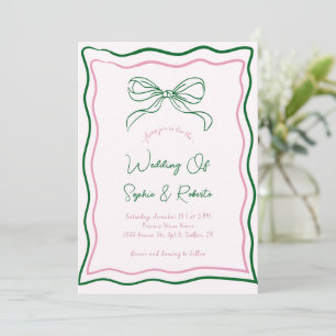 Pink & Green Hand Drawn Retro Bow French Wedding Invitation
