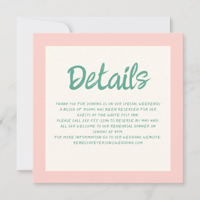 Pink & Green Handwriting Retro Wedding Details Invitation (Front)