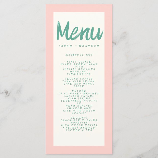 Pink Green Handwriting Typography Retro Wedding Menu (Front)
