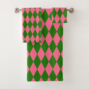 Pink Green Harlequin Checkered Design Bath Towel Set