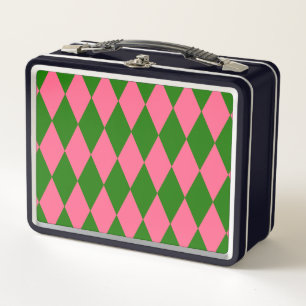 Pink Green Harlequin Checkered Design Metal Lunch Box