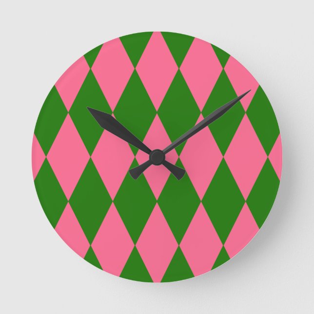 Pink Green Harlequin Checkered Design  Round Clock (Front)