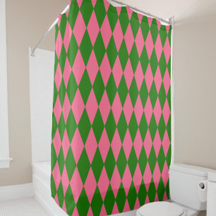 Pink Green Harlequin Checkered Design Shower Curtain