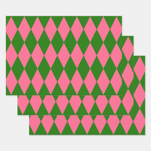 Pink Green Harlequin Checkered Design Wrapping Paper Sheet