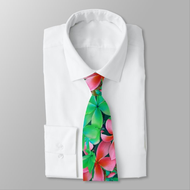 Pink Green Hawaiian Plumeria Big Flowers Tie (Tied)