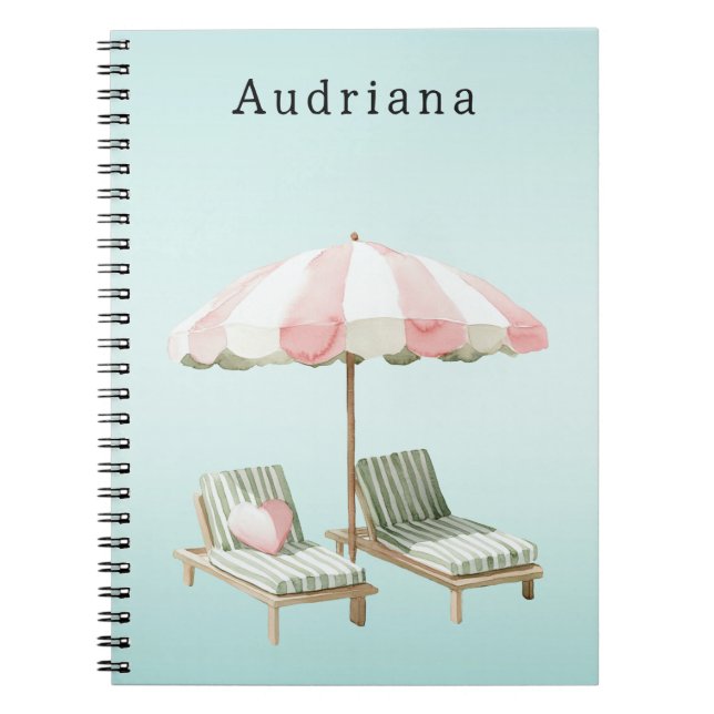 Pink Green Heart Beach Lounging Chairs Umbrella Notebook (Front)