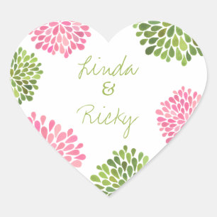 Pink & Green Heart Blooms Wedding Sticker Seal