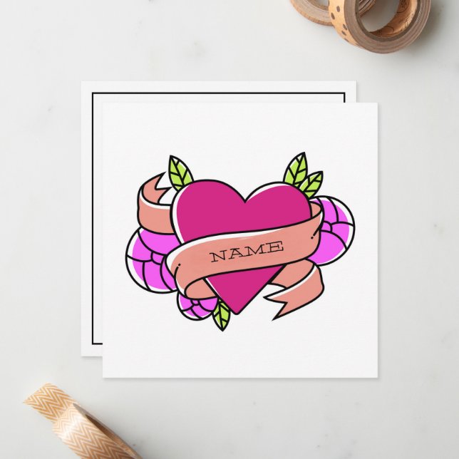 Pink Green Heart Tattoo Add Custom Name Black Card (Front/Back In Situ)