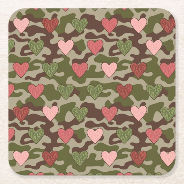 Pink Green Hearts Camouflage Coaster Set (Front)