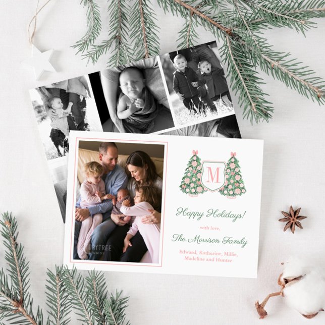 Pink Green Holidays Tree Family Initial 6 Photos Holiday Card (Ornate pink and white decorated holiday trees christmas tree with monogram and photo collage)