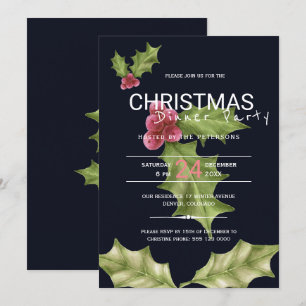 Pink green holly berries Christmas dinner party Invitation