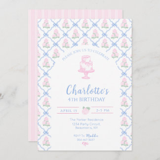 Pink Green Hydrangea Blue Bow Trellis Invitation