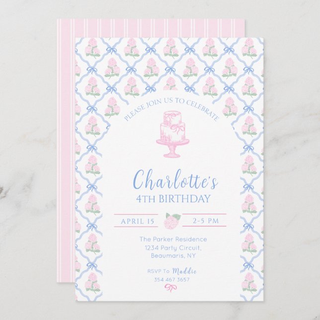 Pink Green Hydrangea Blue Bow Trellis Invitation (Front/Back)