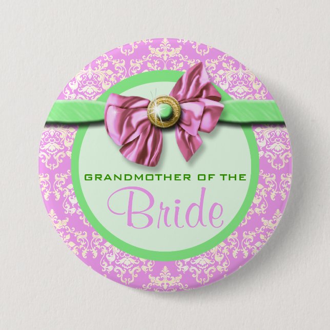 Pink green ivory damask bride 7.5 cm round badge (Front)