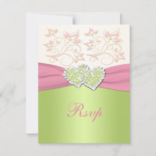 Pink Green Ivory Floral Joined Hearts RSVP Card