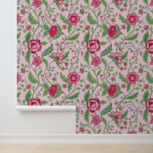 Pink & Green Jacobean Floral Pattern Wallpaper