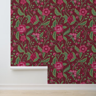 Pink & Green Jacobean  Floral Pattern Wallpaper
