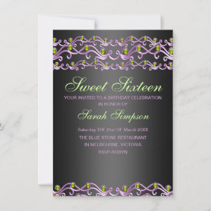 Pink/Green Jewel Swirl Sweet 16 Birthday Invite