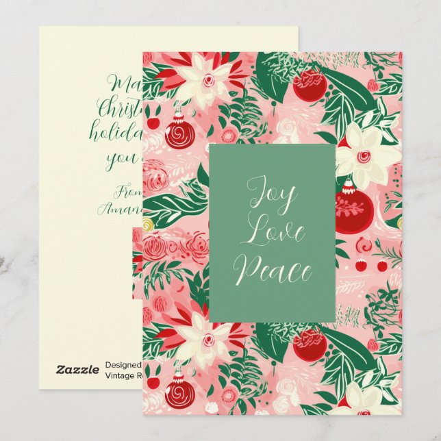 Pink Green Joy Love Peace Floral Christmas Card (Front/Back)