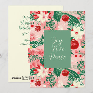 Pink Green Joy Love Peace Floral Christmas Card