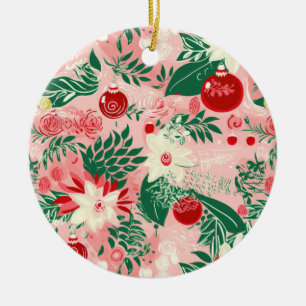 Pink Green Joy Love Peace Floral Christmas Ceramic Tree Decoration