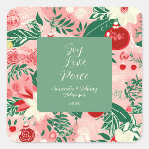 Pink Green Joy Love Peace Floral Christmas Square Sticker