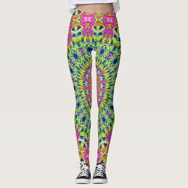 Pink/Green Kaleidoscope Burst Leggings (Front)