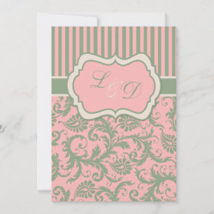 Pink, Green, Khaki Striped Damask Wedding Invite