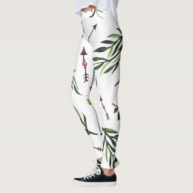 Pink & Green Leaf Leggings - Nature Elegance Style (Left)