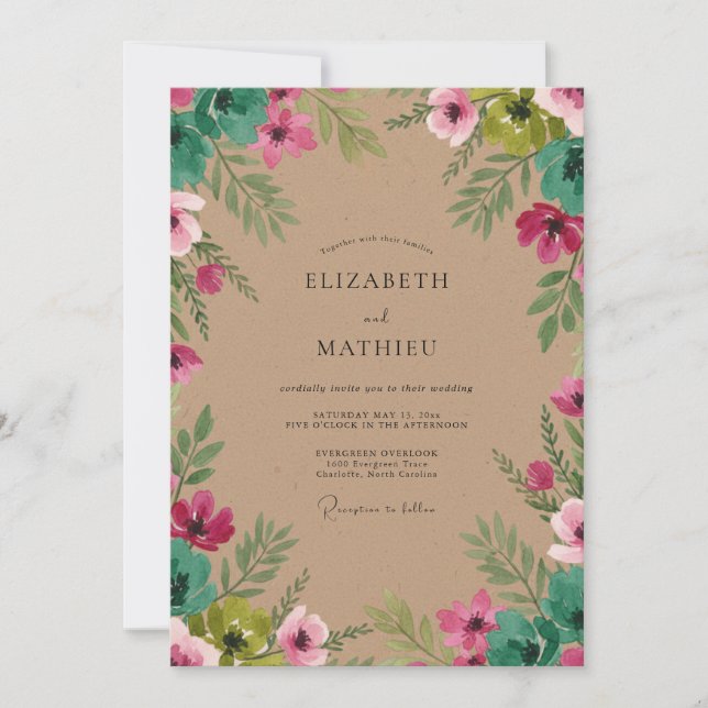 Pink Green Leafy Wedding Invitation (Front)