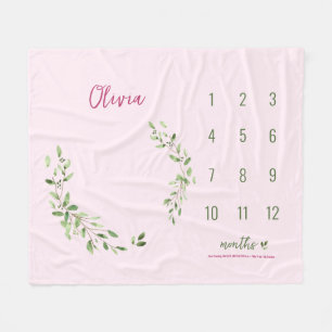 Pink Green Leaves Baby Girl Monthly Milestone Fleece Blanket