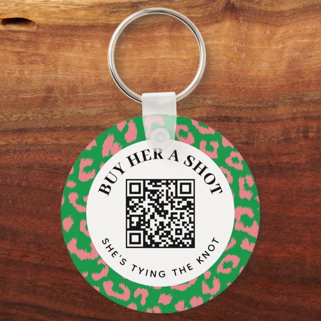 Pink Green Leopard Bachelorette Party QR Payment Key Ring (Front)