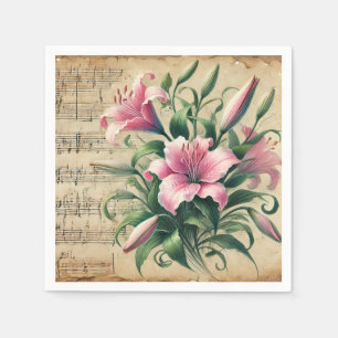 Pink & Green Lilies Vintage Sheet Music Découpage Napkin
