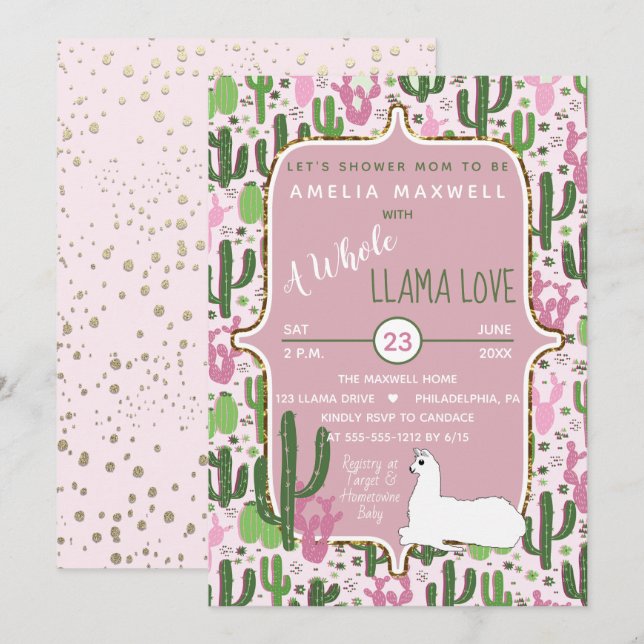 Pink | Green Llama Love Cactus Girl Baby Shower Invitation (Front/Back)