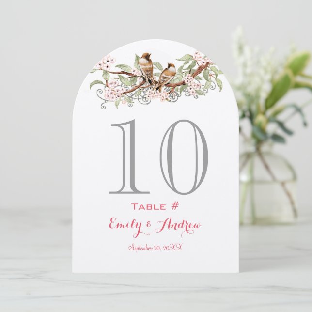 Pink & Green Love Birds Wedding Table Number Card (Standing Front)