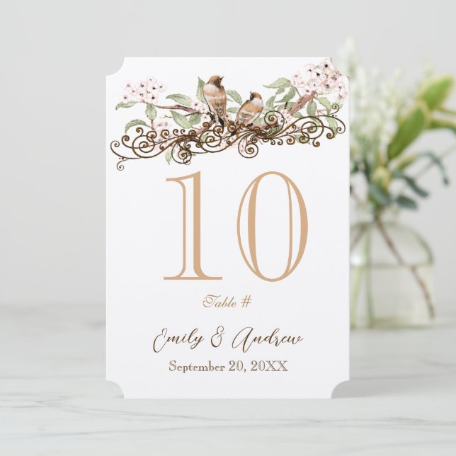 Pink & Green Love Birds Wedding Table Number Card (Standing Front)